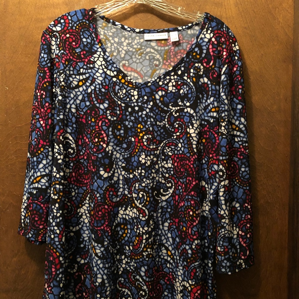 Susan Graver Printed Liquid Knit V-neck 3/4 Sleeve Top, Mosaic print - New
